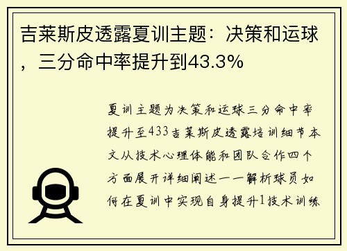 吉莱斯皮透露夏训主题：决策和运球，三分命中率提升到43.3%
